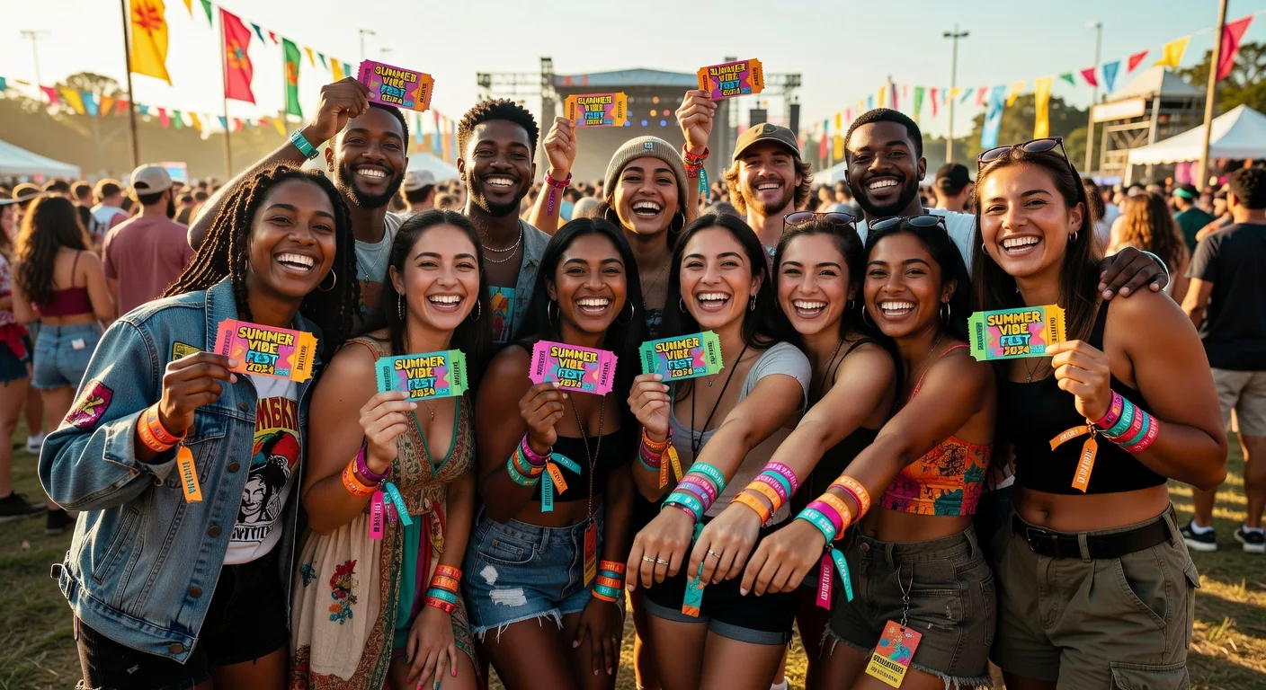 Friends celebrating with festival tickets